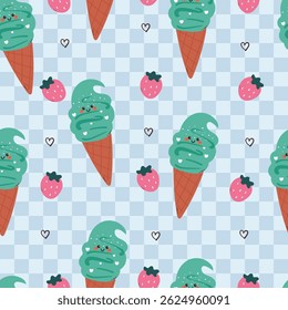 seamless pattern cartoon ice cream with strawberry. cute dessert pattern for wallpaper, background and gift wrap paper