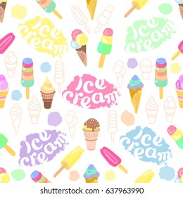 Seamless pattern of cartoon ice cream and lettering on white background. Collection of ice cream in a tender soft color. Elements for your summer dessert menu. Vector illustration