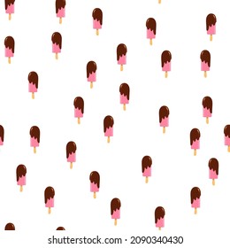 seamless pattern with cartoon ice lolly. Pink ice cream with chocolate top glaze. 