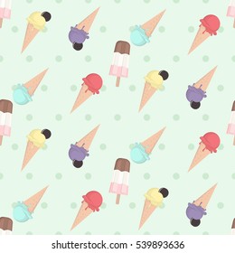 Seamless pattern with cartoon ice-cream of different shapes and types.
