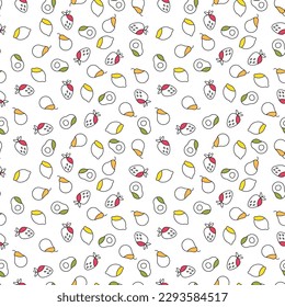 Seamless pattern of cartoon icons of avocado, strawberry, pear and lemon on a white background
