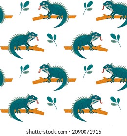 Seamless pattern with cartoon iguana sitting on a branch.