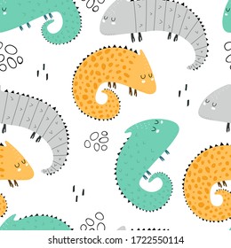 Seamless pattern with cartoon iguanas, decor elements. colorful vector for kids. Animals. hand drawing, flat style. baby design for fabric, print, textile, wrapper