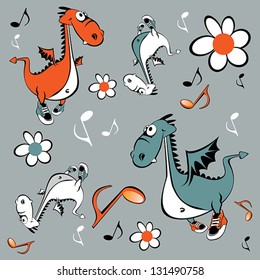 Seamless Pattern cartoon illustration of a dragon