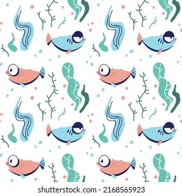 Seamless pattern with cartoon illustration of a flock of fish in seaweed. Colorful fish swim in different directions. Texture for textile design, packaging for children's products