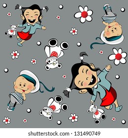 Seamless Pattern with cartoon illustration of a girl and a bear