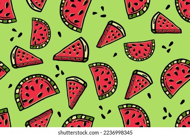 Seamless pattern cartoon Illustration of red watermelon slices on green . Concept of healthy lifestyle and ripe fruits print