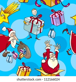 Seamless Pattern Cartoon Illustration of Santa Clauses and other Christmas Themes for Wrapper or Paper Pack and Design