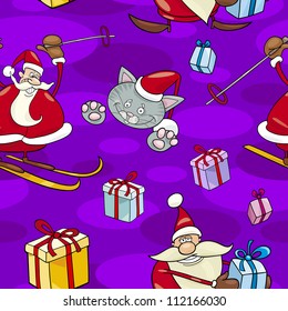 Seamless Pattern Cartoon Illustration of Santa Clauses and other Christmas Themes for Wrapper or Paper Pack and Design