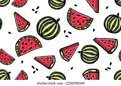 Seamless pattern cartoon Illustration of watermelon slice and whole. Concept of healthy lifestyle and ripe fruits