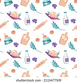 Seamless pattern with a cartoon image of objects and products on the topic of baking. Can be used as a background or drawing of paper or fabric