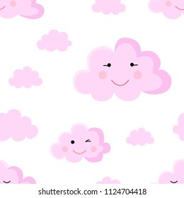 Seamless pattern cartoon image of pink clouds. Illustration for girls at a baby shower party. Background for greeting or invitation cards.