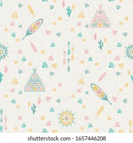Seamless pattern of cartoon images of indian elements in soft colors. Vector illustration.