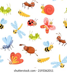 Seamless pattern with Cartoon insects. Cute butterfly, grasshopper and dragonfly. Childish vector illustrations isolated on white