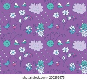 Seamless pattern with cartoon insects. Rainy weather. Illustration with flowers and insects in rain. Can be used for pattern fills, wallpapers, web page, surface textures 