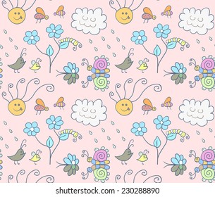 Seamless pattern with cartoon insects. Rainy weather. Illustration with flowers and insects in rain. Can be used for pattern fills, wallpapers, web page, surface textures 