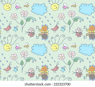 Seamless pattern with cartoon insects. Rainy weather. Illustration with flowers and insects in rain. Can be used for pattern fills, wallpapers, web page, surface textures 