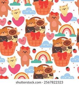 seamless pattern cartoon inside a basket with bear and sky element. cute animal wallpaper for fabric print, gift wrap paper