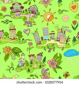 Seamless pattern with cartoon island town and floral hand drawn ornaments. 