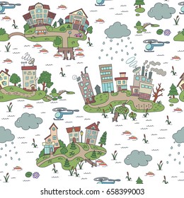 Seamless pattern with cartoon island town. Hand drawn ornaments. Decorative sketch of cartoon city. 