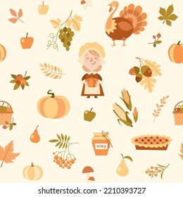 Seamless pattern of cartoon isolated thanksgiving characters and elements