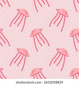 Seamless pattern with cartoon jellyfish. Background with sea creatures in flat style. Marine seamless pattern for fabric, textiles, clothing, wrapping paper, cover, banner, home decor