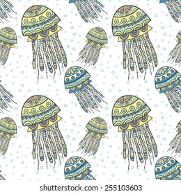 Seamless pattern with cartoon jellyfish. Illustration with hand-drawn sea jellyfish underwater.