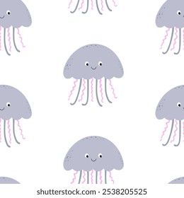 Seamless pattern with cartoon jellyfish. Vector.