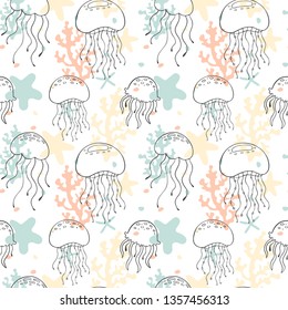 Seamless pattern with cartoon jellyfishes. Vector illustration.