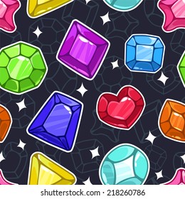 Seamless pattern with cartoon jewels and sparkles on the dark background