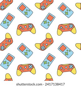 Seamless pattern with cartoon joystick and gamepad . Electronic game on white