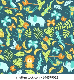 Seamless pattern with cartoon jungle animals and plants. Baby kid tropical paradise design background with smile lion, monkey, parrot and elephant. Vector illustration