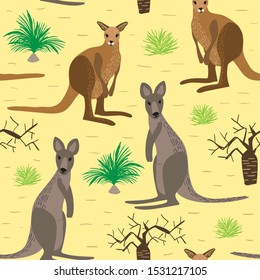 Seamless pattern of cartoon kangaroo, boab tree and macrosamia plant. Australian repeatable textile vector background.