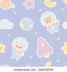 Seamless pattern with cartoon kawaii animals astronauts, planets, stars, rocket, crescent and cloud. Сute print for phone case, backgrounds, fashion, wrapping paper and textile. Vector Illustration