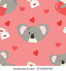 Seamless pattern with cartoon kawaii cute koala face and hearts. Red pattern for textile, wallpaper, wrapping paper.