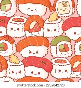 Seamless pattern with cartoon kawaii sushi and rolls. Cute anime print for phone case, backgrounds, fashion, wrapping paper and textile. Vector Illustration