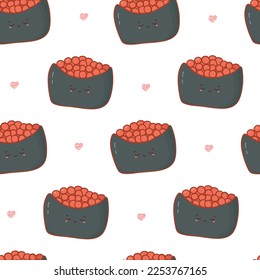 Seamless pattern with cartoon kawaii sushi with caviar. Cute anime print for phone case, backgrounds, fashion, wrapping paper and textile. Vector Illustration