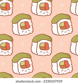 Seamless pattern with cartoon kawaii sushi roll. Cute anime print for phone case, backgrounds, fashion, wrapping paper and textile. Vector Illustration