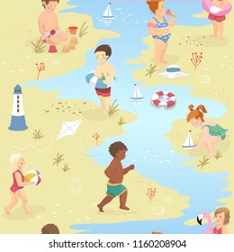 Seamless pattern with cartoon kids playing on the beach. Vector illustration
