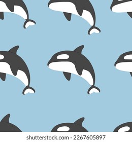 Nahtloses Muster mit Cartoon Killer Wal, Dekorelementen. Farbige Vektorgrafik für Kinder, flacher Stil. Handzeichnung, Tiere. Meeresleben. Baby-Design für Gewebe, Textilien, Druck, Packung