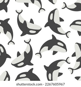 Seamless pattern with cartoon killer whale, decor elements. Colorful vector for kids, flat style. Hand drawing, animals. sea life. Baby design for fabric, textile, print, wrapper