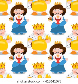 Seamless pattern with cartoon king and queen.