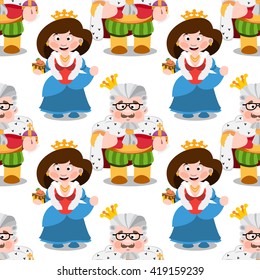 Seamless pattern with cartoon king and queen.