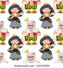 Seamless pattern with cartoon king and queen.
