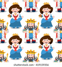 Seamless pattern with cartoon king and queen.