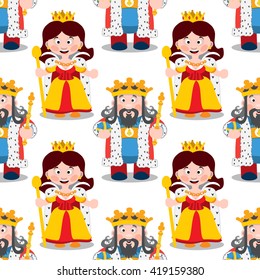 Seamless pattern with cartoon king and queen.
