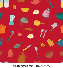 Seamless pattern with cartoon kitchen stuff for fabric print, textile, gift wrapping paper. colorful vector for kids, flat style