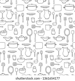 Seamless pattern with cartoon kitchen tools. Vector illustration.