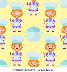 Seamless pattern of cartoon kitchen ware and cute child cook. Vector children background.