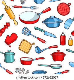 Seamless pattern cartoon kitchen ware. Vector background. 